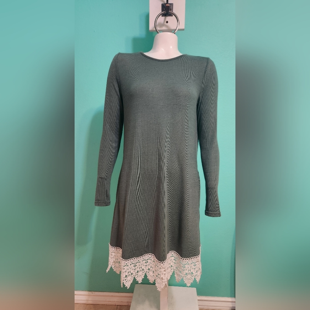 Army green dress w crochet lace bottom